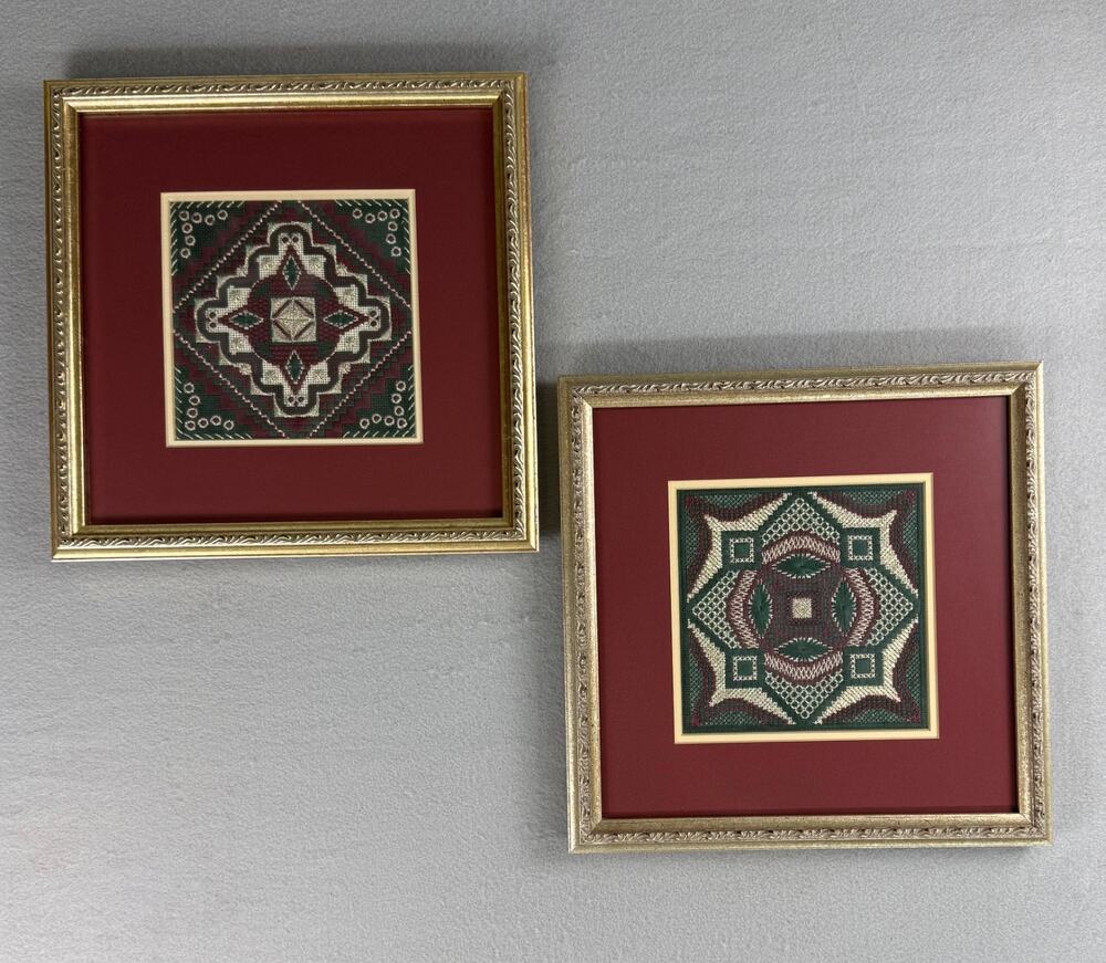 Vintage Completed Jean Hilton Geometric Needlepoint Pair Custom Framed Wall Art